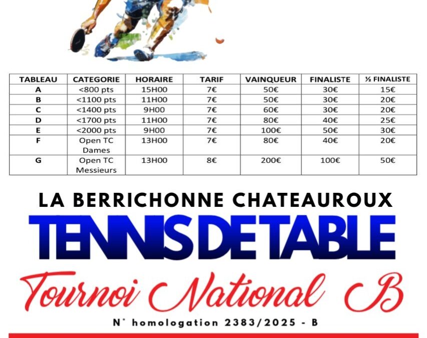 Tournoi national B La Berrichonne Châteauroux TT 2026